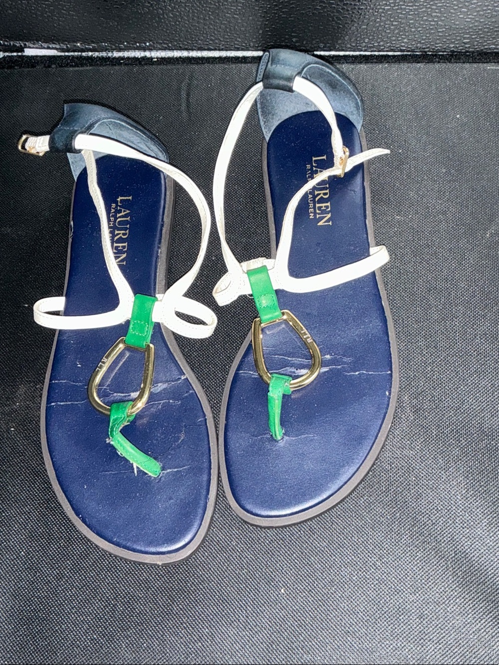 Lauren Ralph Lauren Navy, White & Green T-Strap Sandals with Gold Accent